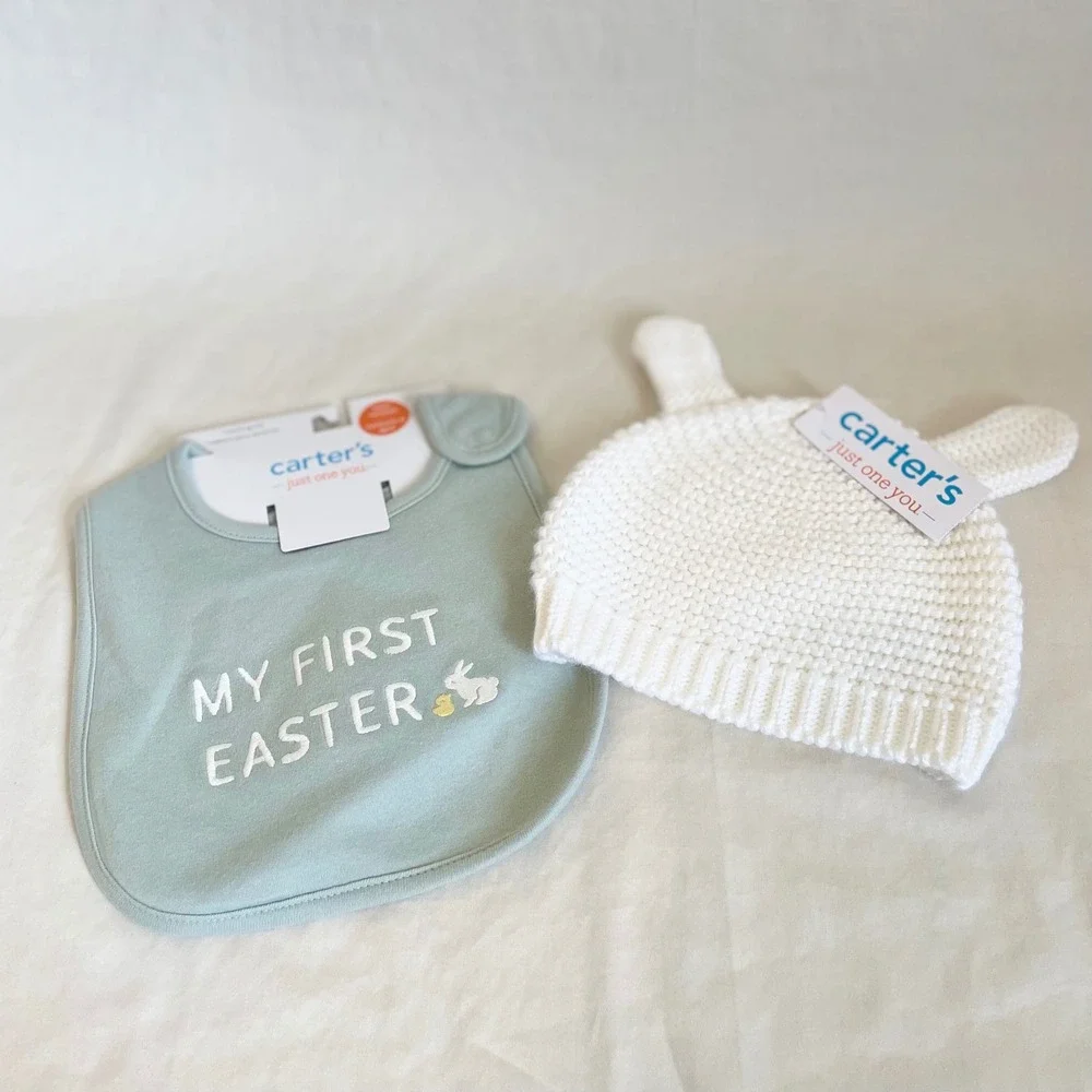 Carters Just One You My First Easter Bib and Bunny‎ Ear Knit Beanie Set NWT